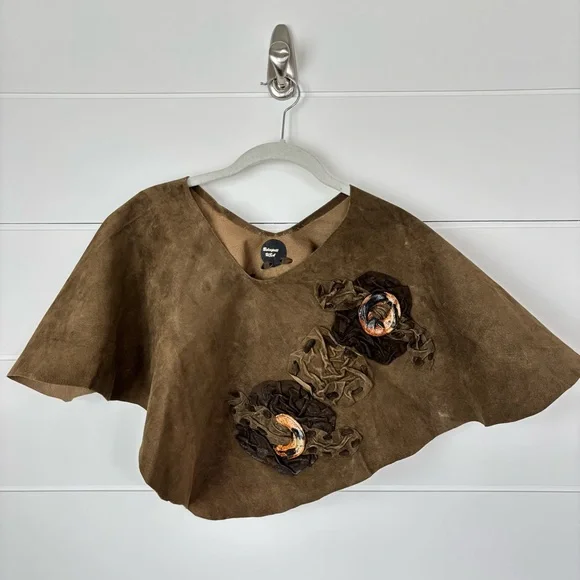 Handmade Vinatge Greenish Brown Suede Leather Poncho Topper - Picture 8 of 14